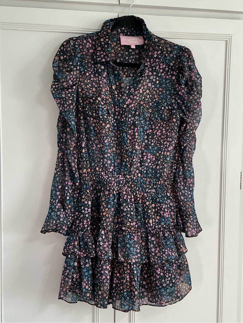 Sincerely Ours Long Puff Sleeve Floral Ruffle Mini Dress size M